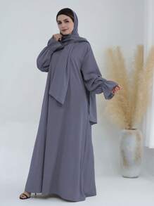 1 件柔软穆斯林连衣裙，配有头巾，花袖设计，经典百搭长袍 - 彩色 - 查看 11