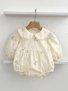 女婴彼得潘领刺绣长袖连体衣，春秋季 - 杏色 - 查看 2