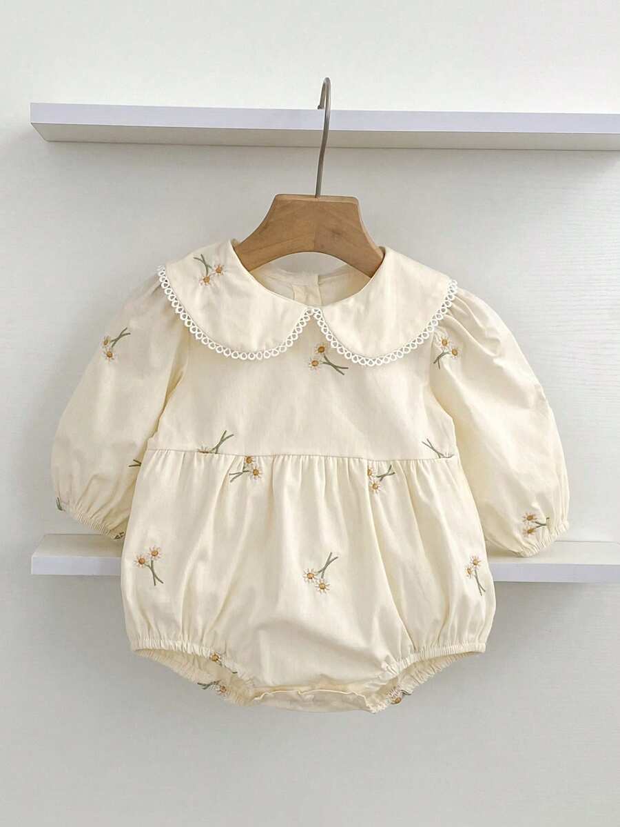 女婴彼得潘领刺绣长袖连体衣，春秋季