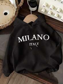 Popular Hoodies For GirlsWomen's Casual Simple Milano Pattern White Hoodie Sweatshirt, Loose Fit, Thick Thermal Lined, Suitable For Autumn And Winter,Long Sleeve Tops Back To School Fall And Winter Clothing Autumn And Winterroomy And Comfortable - Black 2 - 查看 1