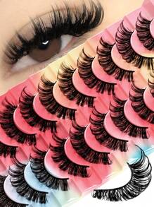 10对装假睫毛，俄式条状假睫毛，D卷翘蓬松仿貂毛，猫眼造型，超长尾，自然浓密，打造丰盈美睫，旅行必备，适合旅行、日常佩戴（新手友好）、婚礼、约会、派对、节日，也是圣诞节/万圣节/送礼佳品。 - 濃密款 - 查看 9