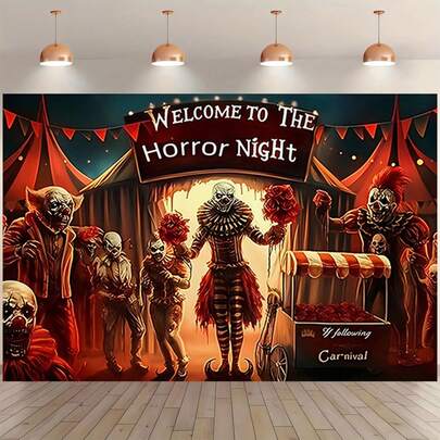 1 peça de circo de terror estampada com personagens assustadores e as palavras "Bem-vindo à Noite do Terror", um pano de fundo assustador perfeito para festas de Halloween, presentes de feriado, aniversários, reuniões familiares, exibições de eventos, festas temáticas, quartos, salas de estar, decorações de pátio e áreas externas, acessórios de estúdio, fundos para fotografia