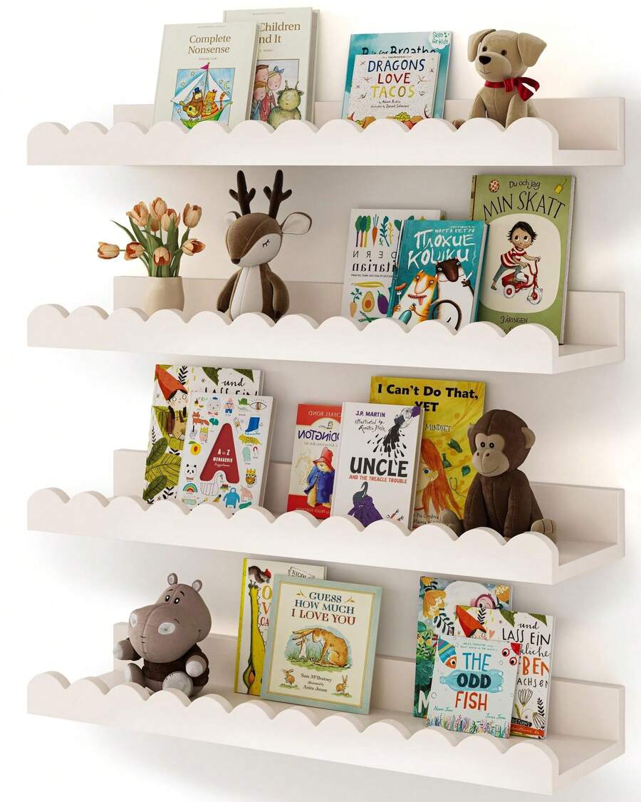 4-Pack Nursery Book Shelves, White Floating Shelves For Wall Kids, Scalloped Shelves, Wall Book Shelves For Bedroom Kids, Toddler Room, Baby Room, Nursery Decor - 白色 - 查看 1