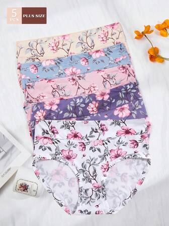 5件/包加大码女士莲花印花优雅舒适内裤