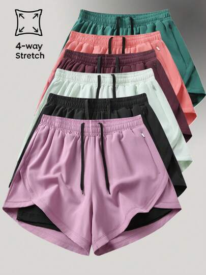 1 件女士短裤纯色衬里二合一运动裤，弹力两件套，适合夏季跑步、运动、瑜伽、健身