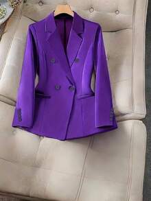 Plus Size Business/Commute Solid Color Double-Breasted Suit Jacket Spring - Purple - View 2