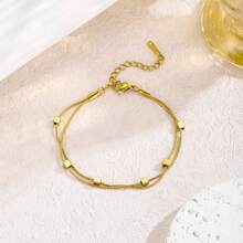 High-Quality Women's Necklace, Simple, Gold, Three-Dimensional, Small, Square, Double-Layer, Snake Bone Bracelet, 18k Stainless Steel, Does Not Fade, Fashionable - 金色 - 查看 3