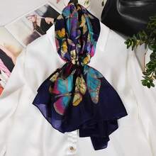 100% Mulberry Silk Scarf For Women Lightweight Long Scarves Beach Wraps Cover Up -Travel Photography Scarfhalloween - 海軍藍蝴蝶 - 查看 3