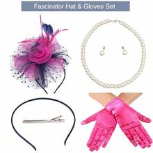 Ibeauti Fascinator Hats With Screentouch Lace Gloves Set Women Tea Party Cocktail Wedding Derby Headwear Short Gloves - 02 海軍藍/亮粉色 - 查看 2