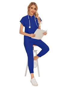 Wholesale Fashion Dental Clinic Uniform Set, Solid Color Surgical Gown V-Neck Pocket Women's Surgical Gown Set With Sweatpants - Royal Blue - View 7