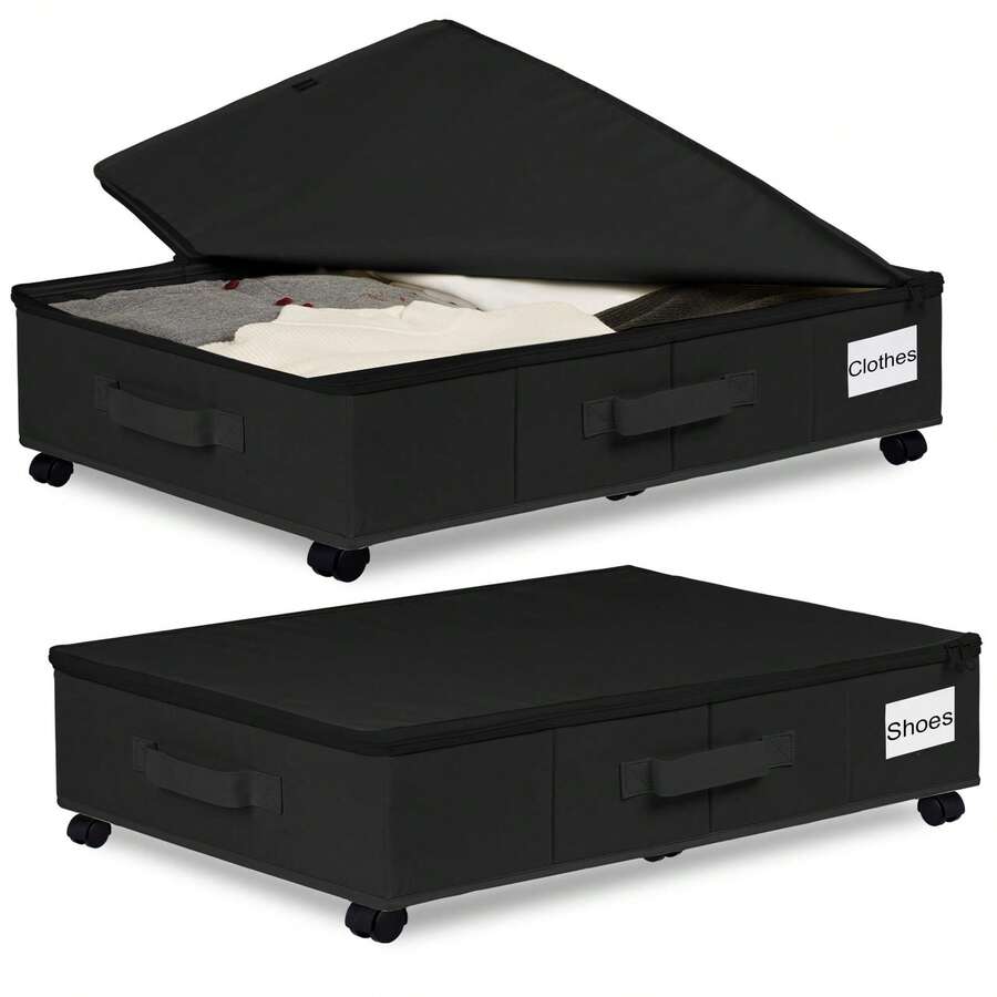1pc/2pcs Thickened Non-Woven Fabric Foldable Underbed Storage Box With Wheels, Large Capacity Clothes Storage Container - Black - View 1