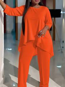 Plus Size Women's Fashionable Two-Piece Suit, Short Top In Front And Long Back Solid Color Trousers Suit, Casual Two-Piece Suit - Orange - View 1