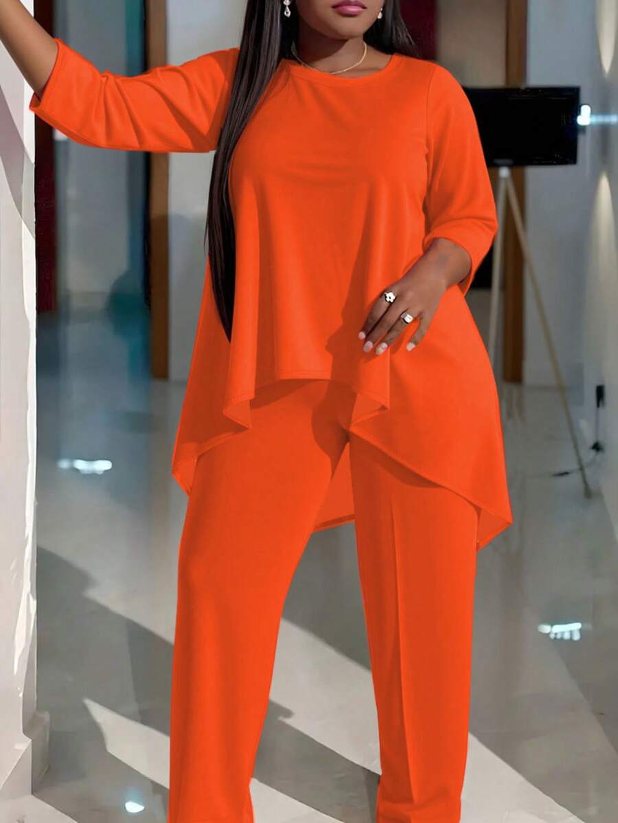 Plus Size Women's Fashionable Two-Piece Suit, Short Top In Front And Long Back Solid Color Trousers Suit, Casual Two-Piece Suit - Orange - View 1