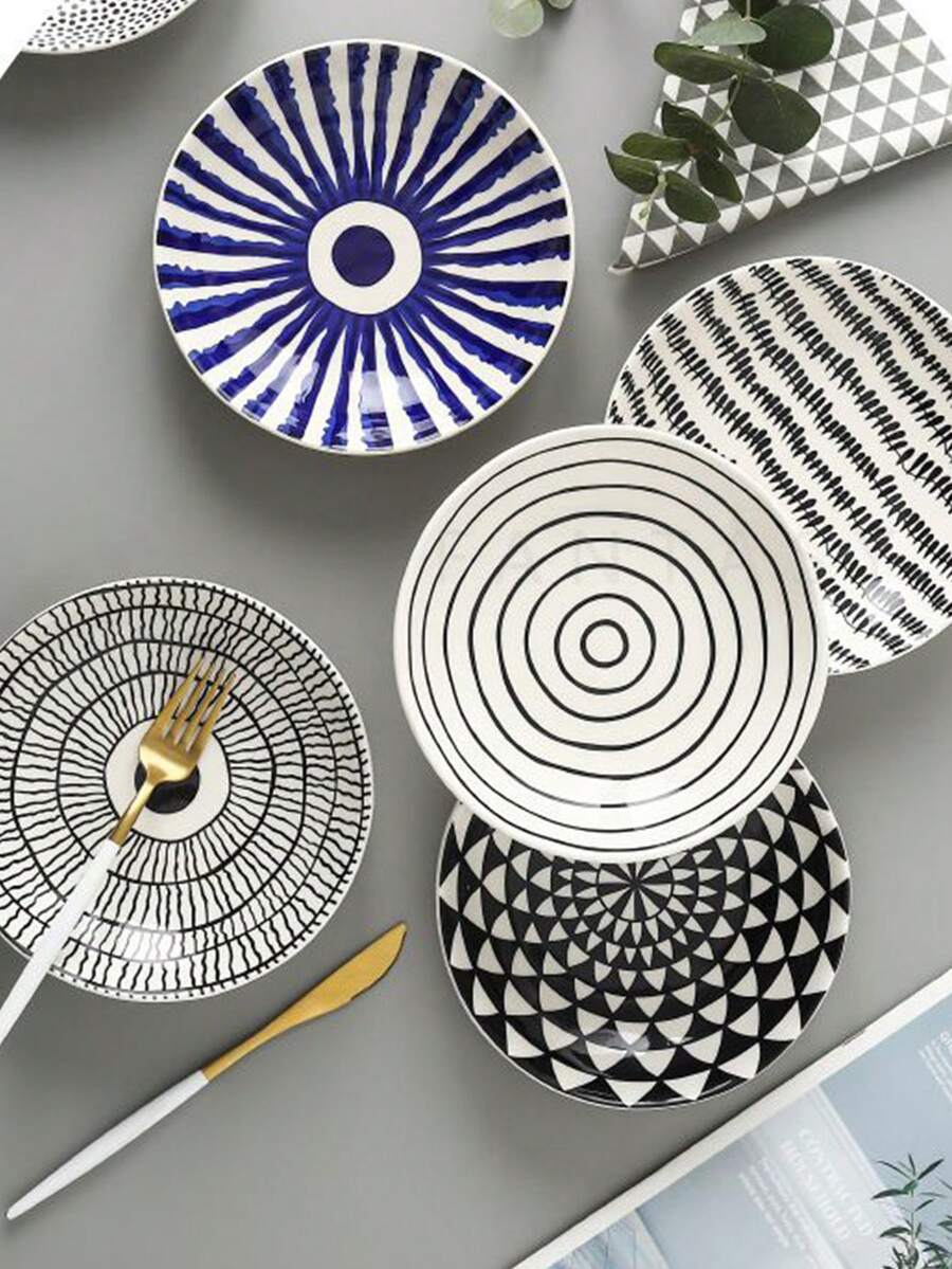 1 đĩa gốm họa tiết hình học Bắc Âu 7,5 inch, đĩa đựng salad/tráng miệng sọc xanh tròn cổ điển, thích hợp cho bữa ăn gia đình hàng ngày, đĩa đựng sữa chua yến mạch bánh mì kẹp bữa sáng, đĩa đựng trái cây phòng khách nhà hàng, quà tặng - Nhiều màu - Xem 1