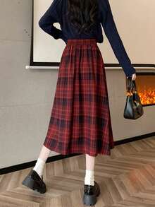 Plaid Casual Pleated High Waist Women's Skirt, Suitable For Daily Life, Photography, All Seasons - Red - View 2