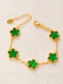 1pc Colorful Shell Inlaid Clover Charm Flower Chain Bracelet, Fashionable & Elegant For Women & Girls - Gold - View 29