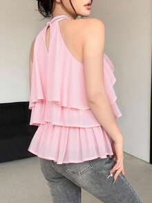 BLUSA DE MUJER CON HOMBROS ABIERTOS, CUELLO EN V Y UNICOLOR CON TIRANTES, TOP CORTO PARA MUJER - Rosa coral - Ver 2