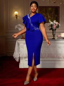 AOMEI Women Reinstone Asymmetrical Ruffled Dress V Neck Bodycon Plus Size Formal Dress - Màu xanh lam - Xem 3
