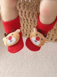 2 Pairs Kids Christmas Socks, Cartoon Anti-Slip Indoor Socks, Warm Toddler Socks, New Year Red Socks
