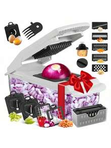 18 قطعة مفرمة الخضروات، شرّاحة الفاكهة متعددة الوظائف، شرّاحة الطعام اليدوية، شرّاحة الخضروات، آلة تقطيع مع وعاء، مفرمة البصل، مبشرة البطاطس المنزلية، لوازم المطبخ، أدوات مطبخ صغيرة، ملحقات المطبخ، أساسيات المطبخ