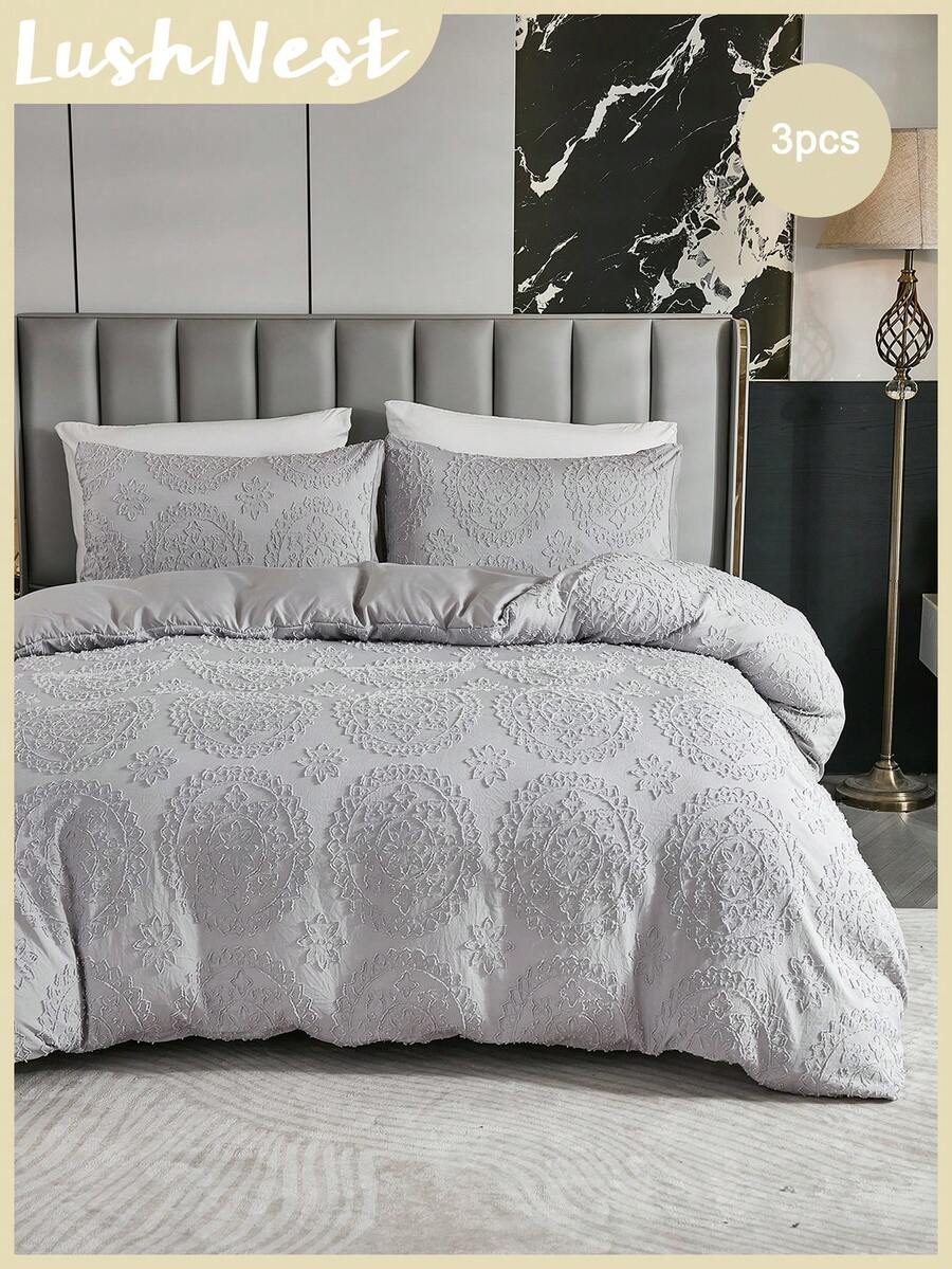 Bộ 3 vỏ chăn cắt họa tiết hoa màu xám nhạt, phong cách Bohemian (1 vỏ chăn + 2 vỏ gối, không ruột), Polyester, mềm mại và thoáng khí, thích hợp cho phòng ngủ, mọi mùa, có thể làm quà tặng, bộ đồ giường ký túc xá