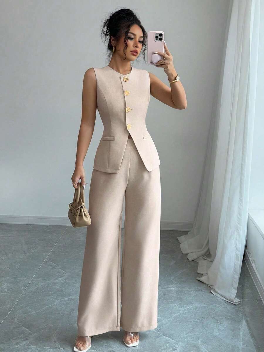 2 Pieces Women's Solid Color Single-Breasted Metal Button Round Neck Vest And Trousers Casual Loose Suit