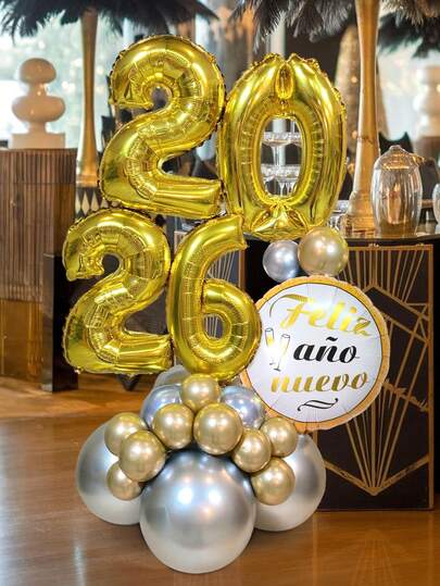 25 个 16 英寸金色 2026 数字气球、18 英寸西班牙语“新年快乐”圆形铝箔气球、金色和银色金属乳胶气球，适合新年主题派对装饰