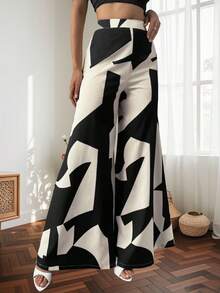 Pantalones anchos con estampado irregular para mujer, diseño versátil, casual y cómodo, estilo de pantalón drapeado moderno y de moda, forma de pierna favorecedora, adecuado para el uso diario. - Blanco - Ver 7