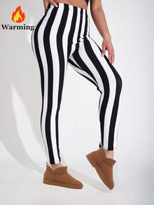 1 Pack Women's Thermal Lined Leggings, Black & White, Fashionable Casual Minimalist Elegant, High Stretch Warm Slimming Skinny Plaid Striped All-Over Print, Suitable For Home, Workout, Yoga, Fitness, Outdoor Walking, Party, Gift