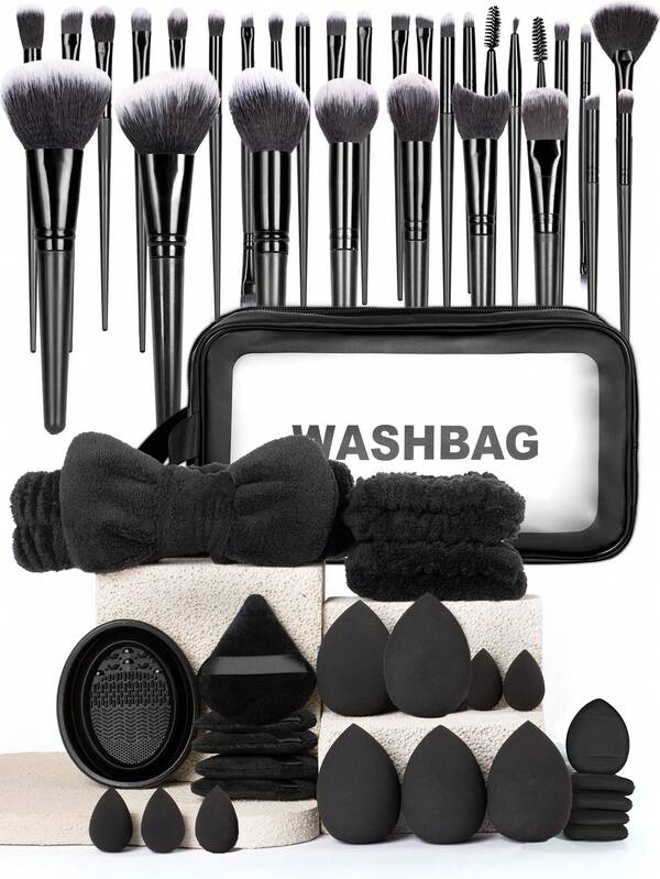 Professionele make-uptools 55-delige make-uptoolset [30-delige make-upkwastensets + 1 multifunctionele toilettas met rits en waterdichte cosmetische tas + 5 make-upsponzen + 5 mini-make-upsponzen + 5 driehoekige poederdonsjes + 5 mini-luchtkussenpoederdonsjes + 1 haarband + 2 handkomriemen + 1 reinigingskom voor make-upkwasten]