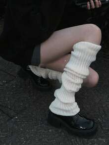 1 Pair Women's Solid Vertical Striped Leg Warmers, Thin Design Suitable For Spring, Autumn, Winter, Cozy Socks