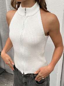 Women Knit Vest, Sleeveless Halter Top Backless Zipper Closure Summer Clubwear For Party - trắng - Xem 5