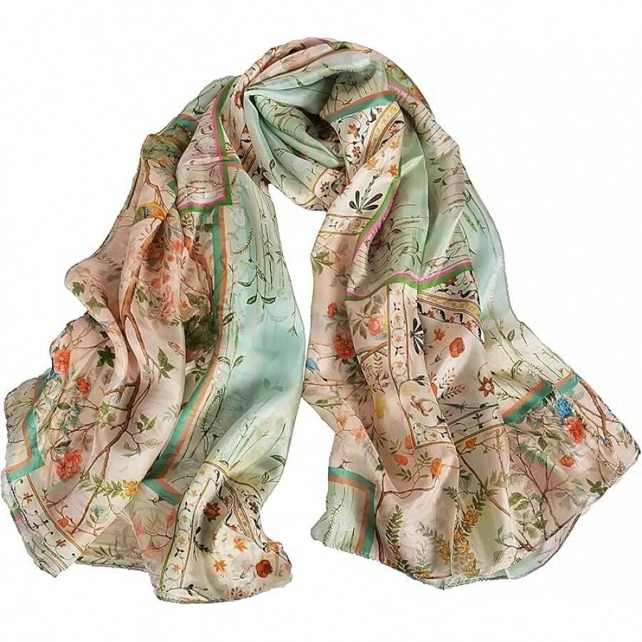 100% Mulberry Silk Scarf For Women Lightweight Long Scarves Beach Wraps Cover Up -Travel Photography Scarfhalloween - 淺綠色 - 查看 1