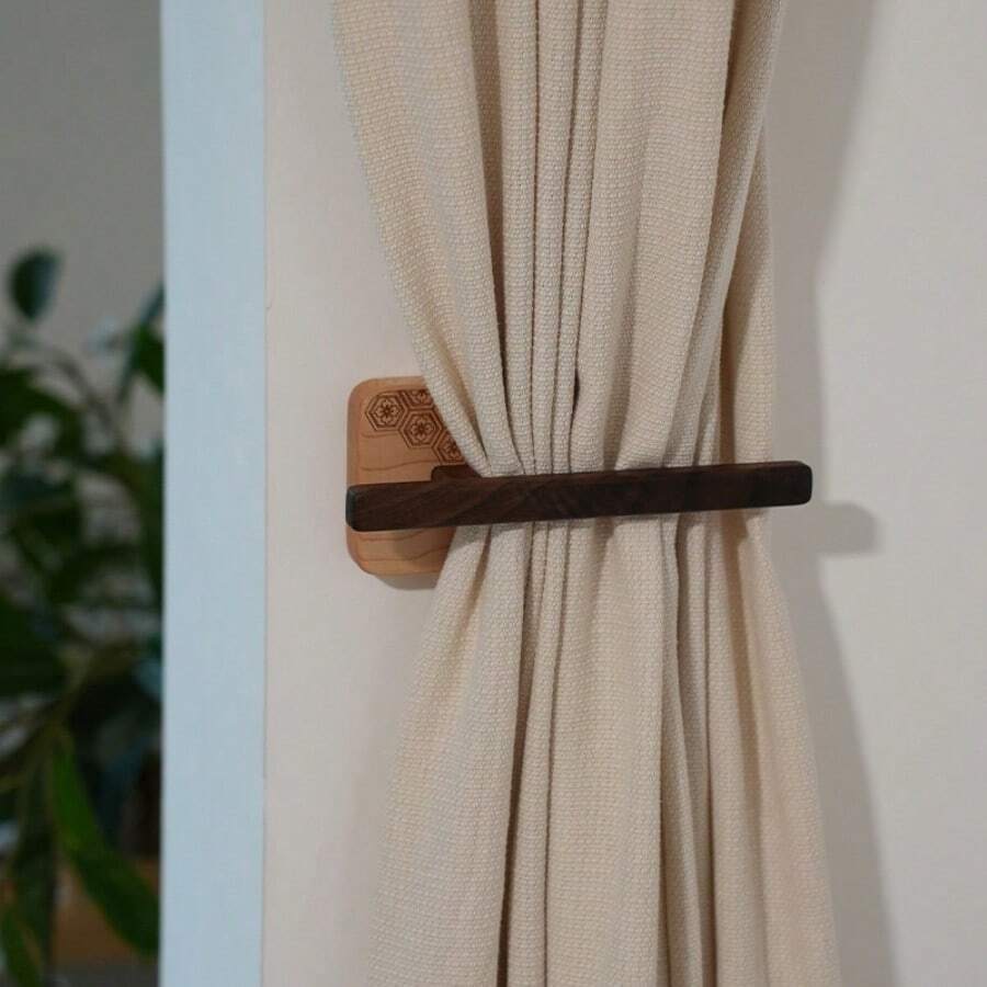 1pc Wooden Curtain Tie Back - U-Shaped Wall Mounted Curtain Hooks, Suitable For Home And Outdoor Decor, Natural Wood Grain Finish, With Hooks, Curtain Rope - Multicolor - View 1