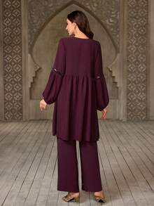 New Women's 2 Pieces ABAYAS Set, Muslim Long Sleeve Top And High Waist Wide Leg Pants, Elegant Solid Color V-Neck Pullover, Rainbow Crystal Pattern, Casual Outfit For Outdoor And Work, Suitable For All Seasons