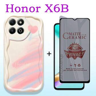 Película protectora de pantalla completa cerámica anti-espía + Funda de teléfono transparente con corazón de crema de moda compatible con Huawei, OPPO, Vivo, IQOO, Realme, Redmi, Honor, Series