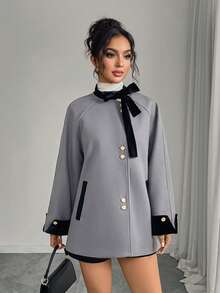 Palton elegant pentru damă, tip damă tip damă (cu guler cu fundă) - Serie de toamnă/iarnă, ideal pentru Ziua Îndrăgostiților