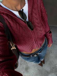 Senya 秋冬新款复古超大翻领双拉链麻花针织开衫，宽松落肩休闲开衫，日常通勤、教师、机场、冬季情人节、新年等场合皆宜 - 酒紅色 - 查看 4