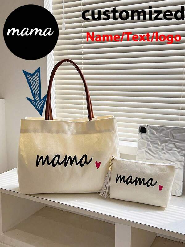 2pcs Customized Women Tote Bag With Coin Purse, Unique, Large Capacity, Lightweight, Foldable, Fashion, Dual Handles, Letter, Gift, Casual, School, Work, Storage Bag, DIY, Name, Text, Teacher's Day, Halloween, Valentine's Day, Wedding, Souvenir