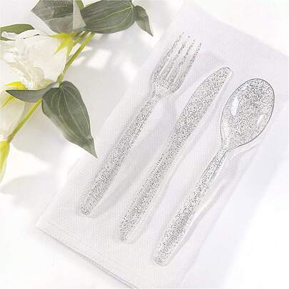 150pcs Silver Glitter Reusable Cutlery Set, Includes Knives, Forks, Spoons, Washable And Reusable, Suitable For Holding Candies, Snacks, Desserts, Cakes For Birthday, Holiday Party, Wedding And More