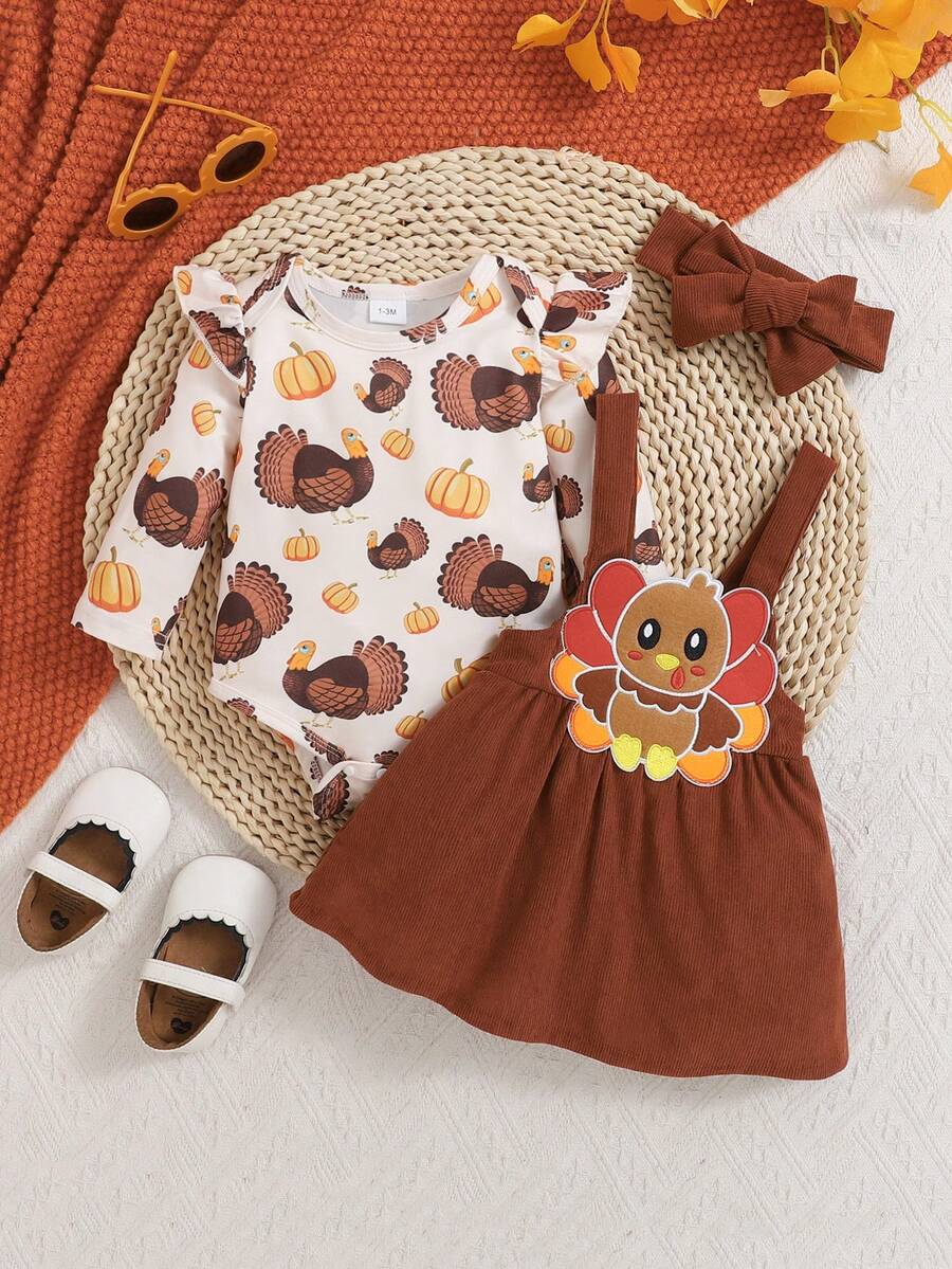 女婴感恩节火鸡南瓜印花连体衣搭配棕色吊带裙，秋冬季新款套装 - 棕色 - 查看 1