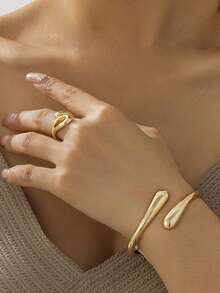 1 Set Fashionable Elegant High-End Geometric Alloy Bracelet, Ring, Necklace, Earrings Jewelry Set For Women, Suitable For Festivals, Parties, Dates, An Elegant Gift For Girlfriend - Gold - View 10