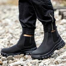 Men's Protective Shoes, Rotary Buckle Design, Anti-Impact Piercing Steel Head Work Sports Shoes, Lightweight Breathable Mesh Top Material, All-Weather Comfortable Wear, Black With Turquoise Embellishing, Reflective Brand Logo - 黑色 - 查看 6