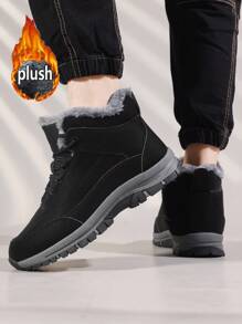 Winter New Men's Boots, Flat Low-Top Men Boots, Outdoor Hiking Shoes, PU Leather Men's Leather Boots, Front Lace-Up Ankle Boots, Rubber Sole Anti-Slip Work Boots, Fleece Lining Warm Waterproof Snow Boots