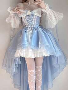 Blue Lolita Dress Design, Short In Front And Long In Back, Bride, Heavy Industry, Big Ribbon, Princess With Tail - Màu xanh (có tay áo và hoa) - Xem 9
