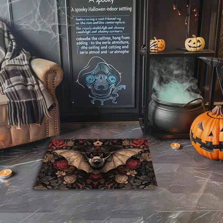 1 Stück Fledermaus-Themen Flanell dekorativer Fußabstreifer, geeignet für Veranda, Schlafzimmer, Wohnzimmer, Esszimmer, Küchen-Eingänge, leicht, einfach zu reinigen, langanhaltend, maschinenwaschbar, bedrucktes Design, verschiedene Größen erhältlich - Mehrfarbig (Neu) - Übersicht 1