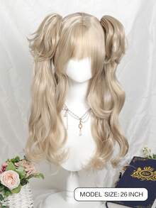 合成长卷发波浪洛丽塔假发带刘海双马尾女孩可爱金发角色扮演适合女性派对和万圣节 - 彩色 - 查看 9