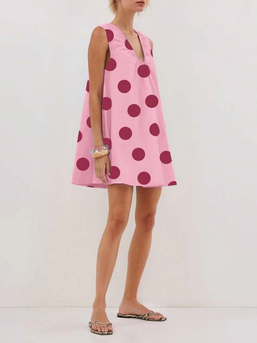 Women's Cute Polka Dot Babydoll Mini Dress Scoop Neck Flowy Sleeveless Short Dress Ruched Loose Fit Dress - Hồng - Xem 1