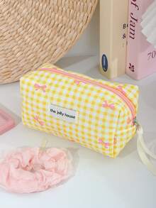 1 Pc/Set Cute Grid Pattern Cosmetics Storage Bag Foam Quilted Make Up Bag Pink Bow Print Travel Toiletry Bag Cute Yellow Cosmetics Storage Bag Large Capacity Makeup Pouch Lovely Grid Print Home Items Organizer Bag Multi-Functional Handheld Make Up Bag Zippered Pencil Case Classic Grid Print Jewelry Organizer Bag,