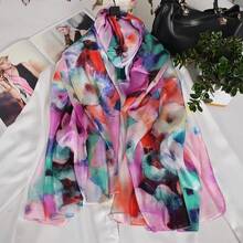 100% Mulberry Silk Scarf For Women Lightweight Long Scarves Beach Wraps Cover Up -Travel Photography Scarfhalloween - 紫色粉紅色 - 查看 3